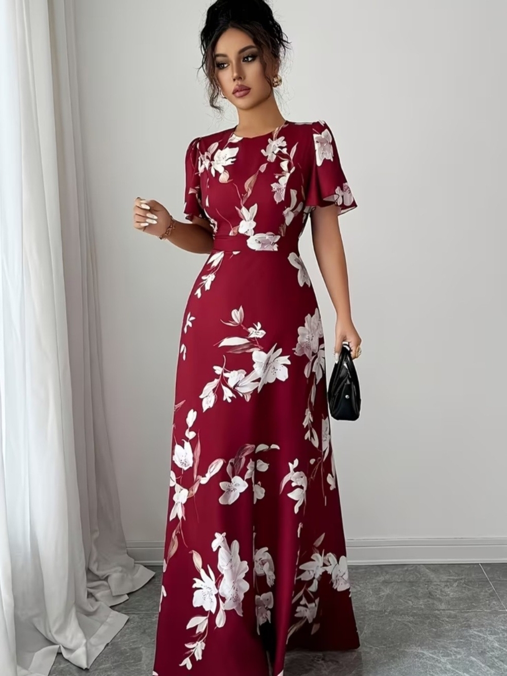 Elegant Burgundy Floral Maxi Dress